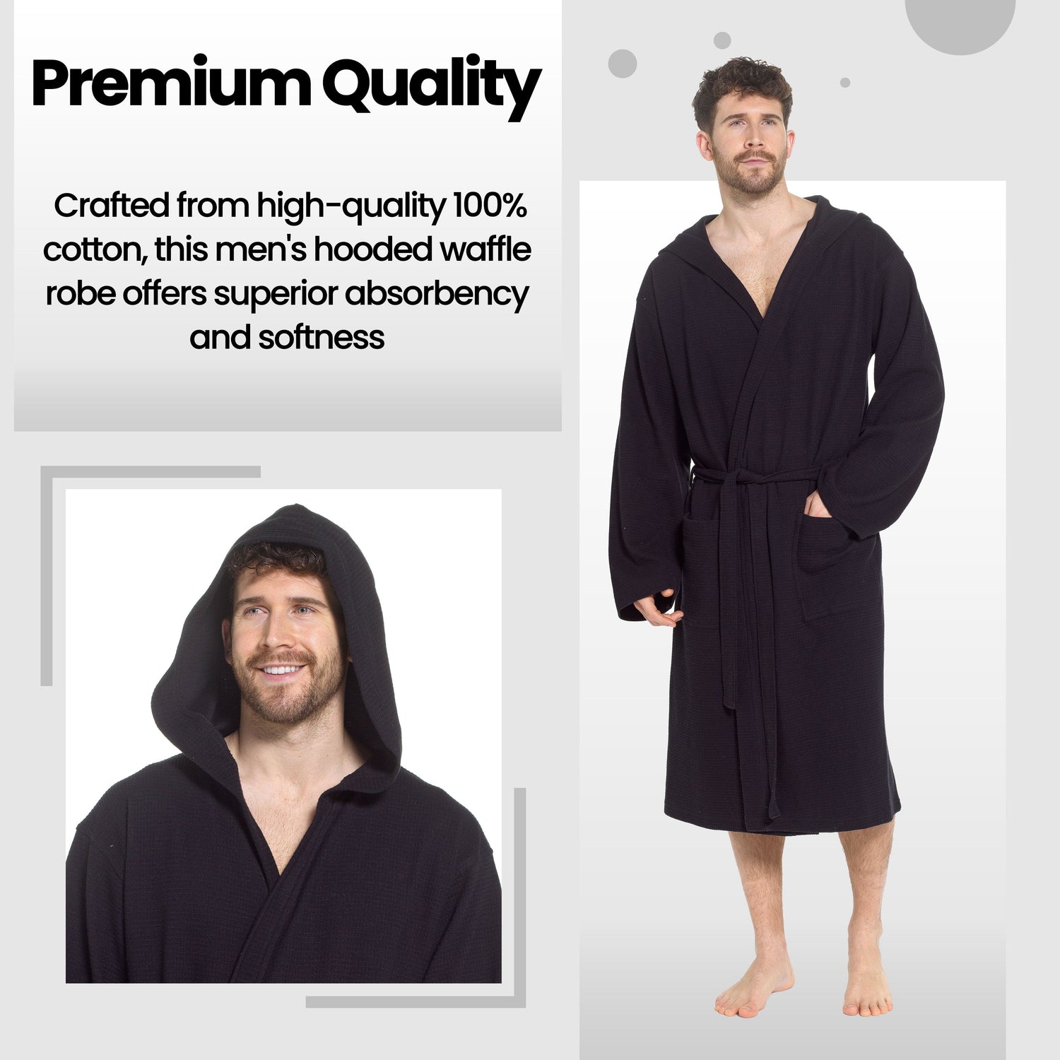 Men’s Hooded Waffle Cotton Bathrobe Black Super Absorbent Spa Robe Luxury Dressing Gown for Home &amp; Loungewear by Sock Stack