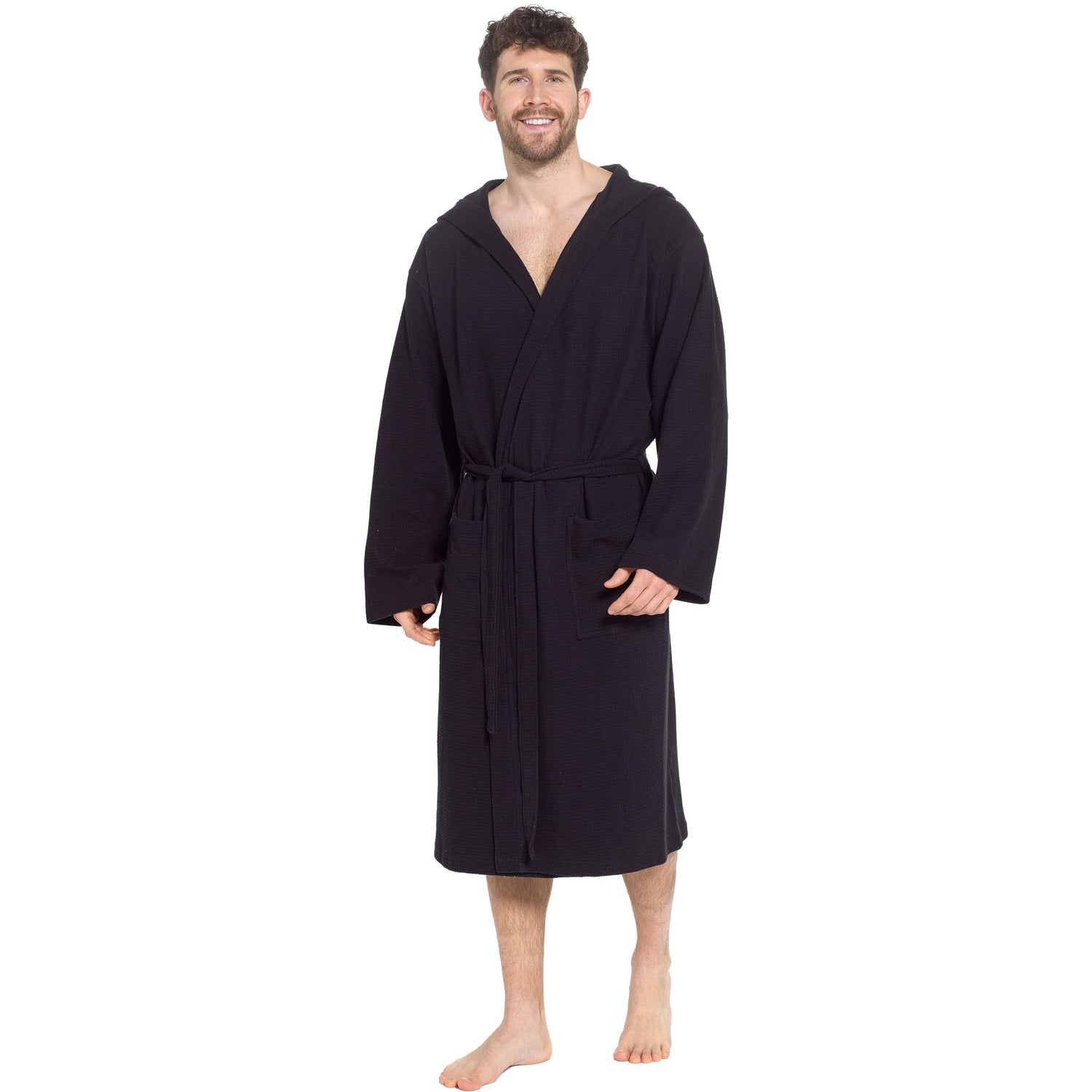 Men’s Hooded Waffle Cotton Bathrobe Black Super Absorbent Spa Robe Luxury Dressing Gown for Home &amp; Loungewear by Sock Stack