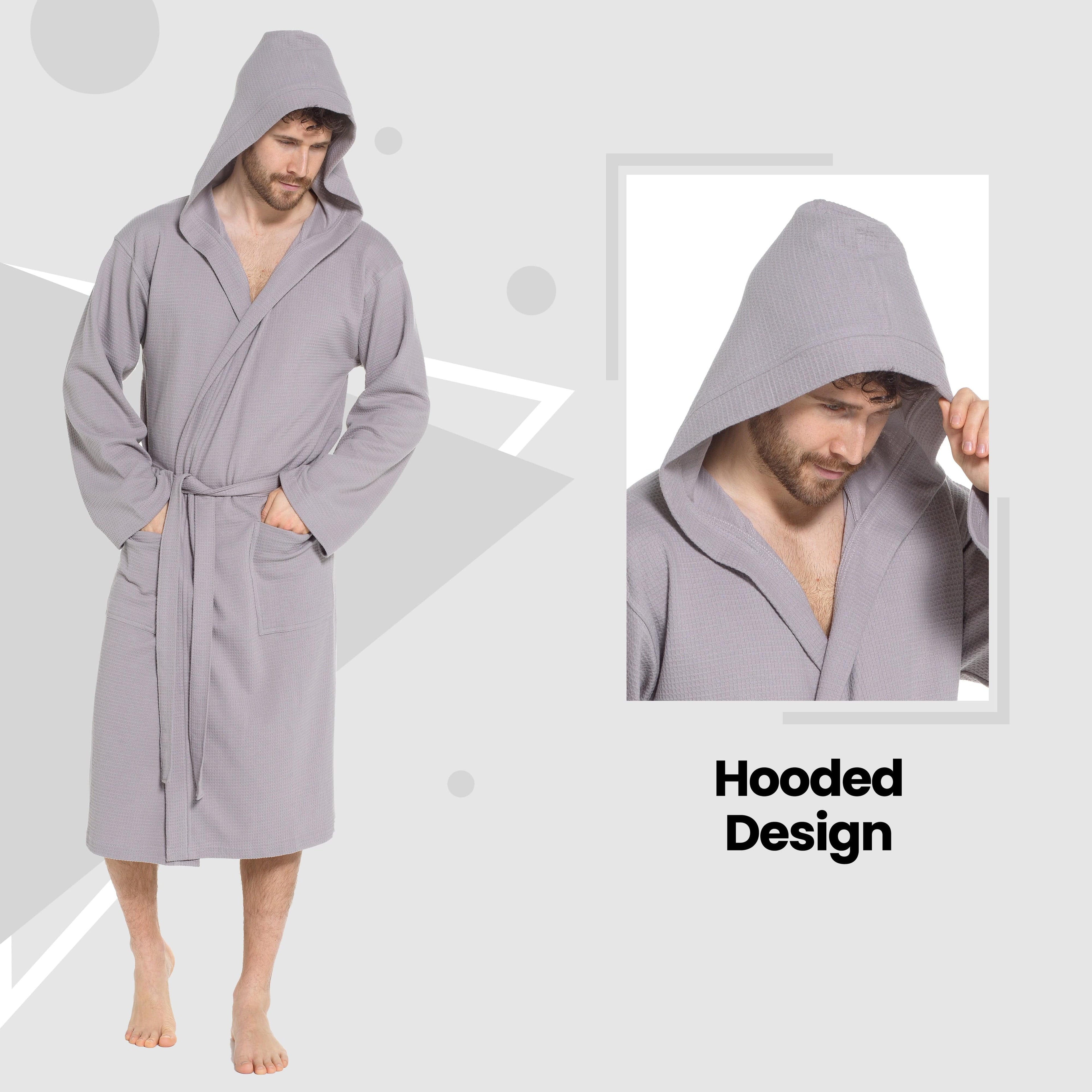 Men’s Hooded Waffle Cotton Bathrobe Grey Super Absorbent Spa Robe Luxury Dressing Gown for Home &amp; Loungewear by Sock Stack