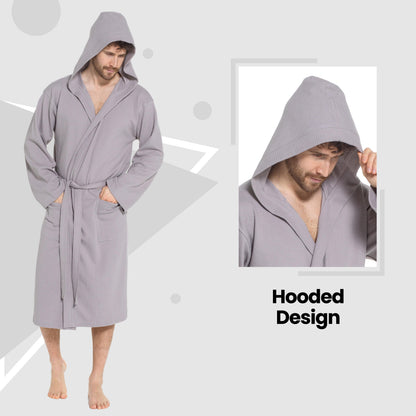 Men’s Hooded Waffle Cotton Bathrobe Grey Super Absorbent Spa Robe Luxury Dressing Gown for Home &amp; Loungewear by Sock Stack