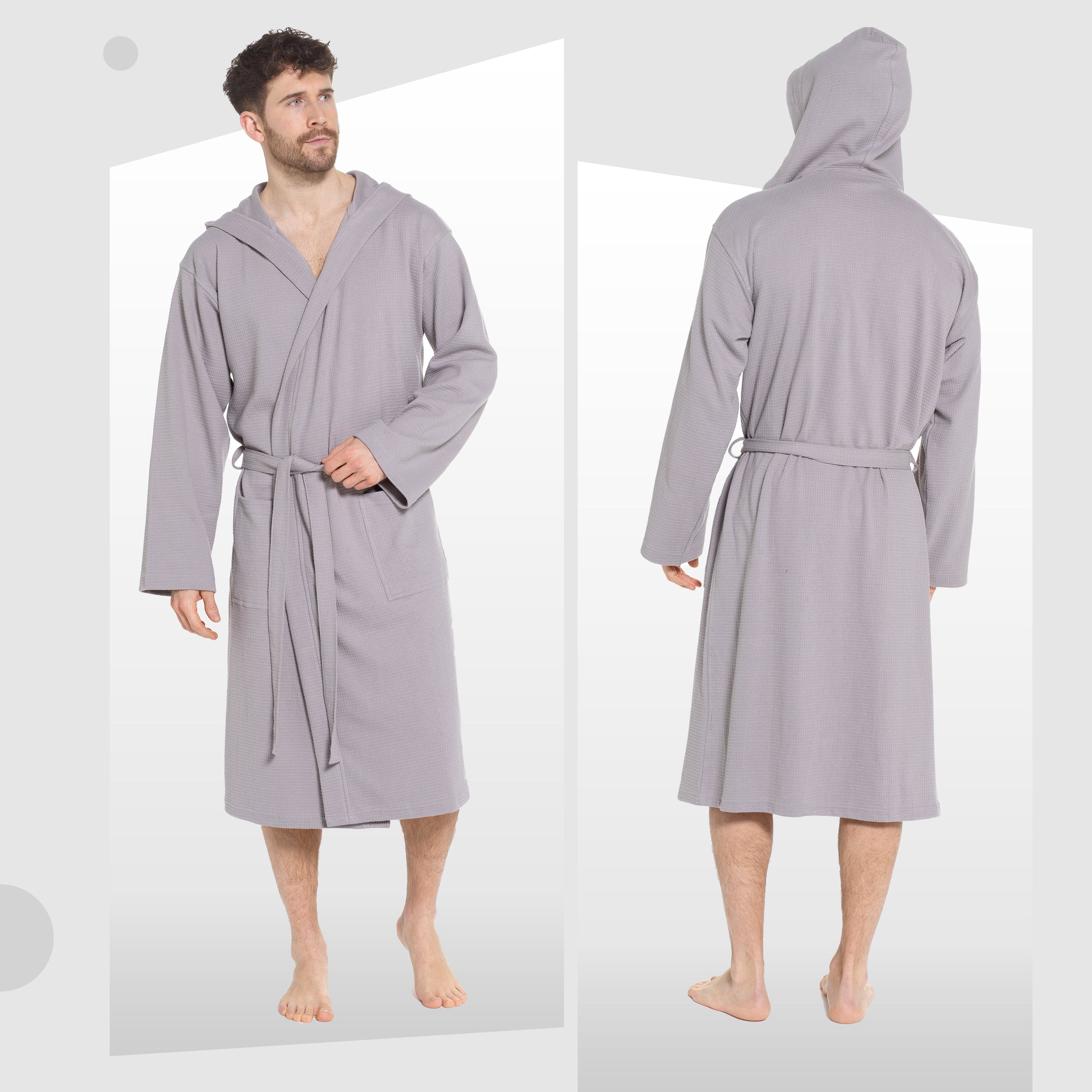 Men’s Hooded Waffle Cotton Bathrobe Grey Super Absorbent Spa Robe Luxury Dressing Gown for Home &amp; Loungewear by Sock Stack