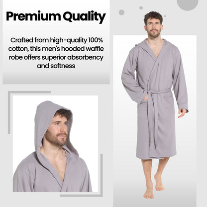 Men’s Hooded Waffle Cotton Bathrobe Grey Super Absorbent Spa Robe Luxury Dressing Gown for Home &amp; Loungewear by Sock Stack