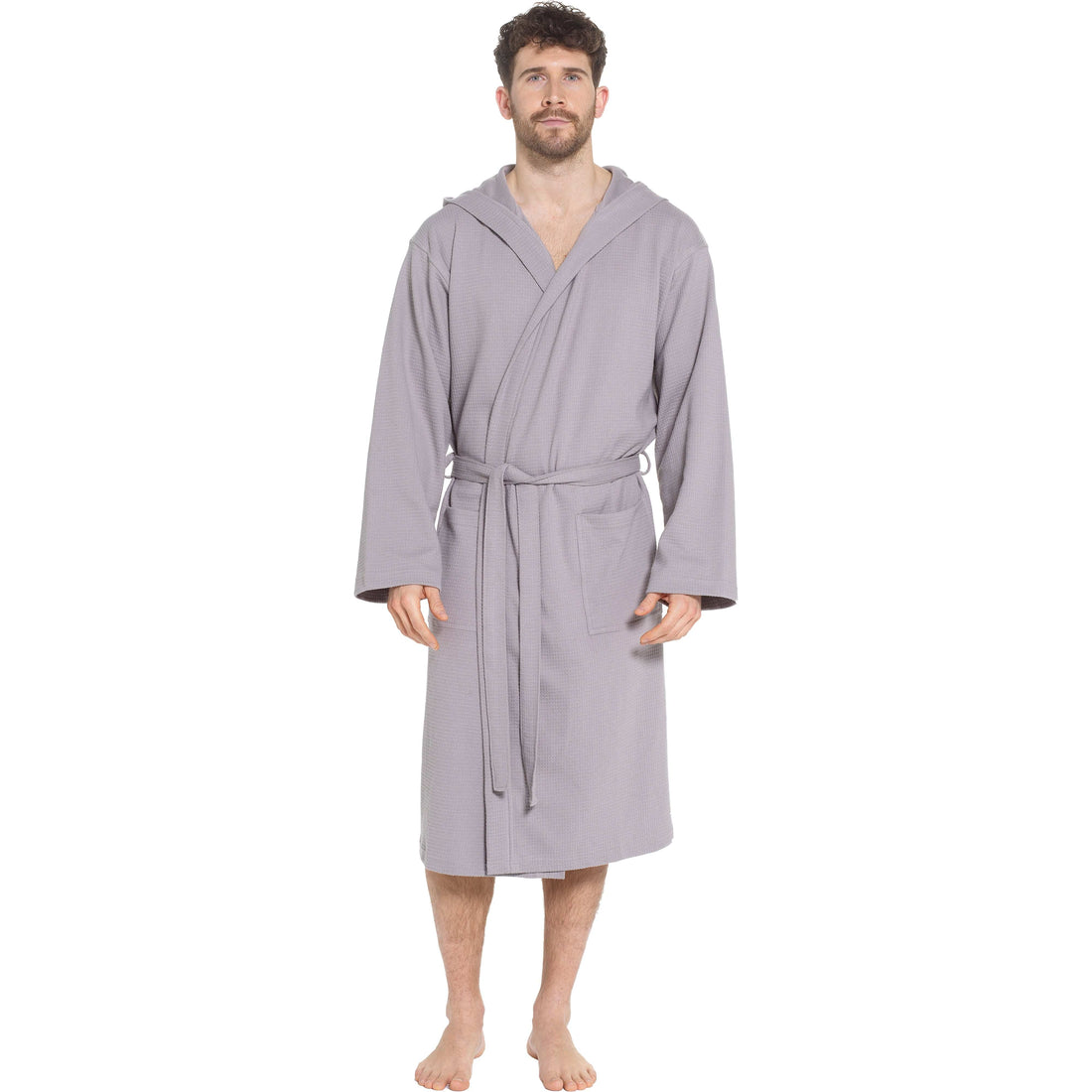 Men’s Hooded Waffle Cotton Bathrobe Grey Super Absorbent Spa Robe Luxury Dressing Gown for Home &amp; Loungewear by Sock Stack