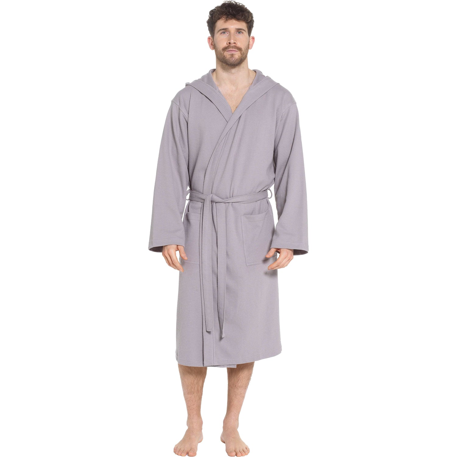 Men’s Hooded Waffle Cotton Bathrobe Grey Super Absorbent Spa Robe Luxury Dressing Gown for Home &amp; Loungewear by Sock Stack