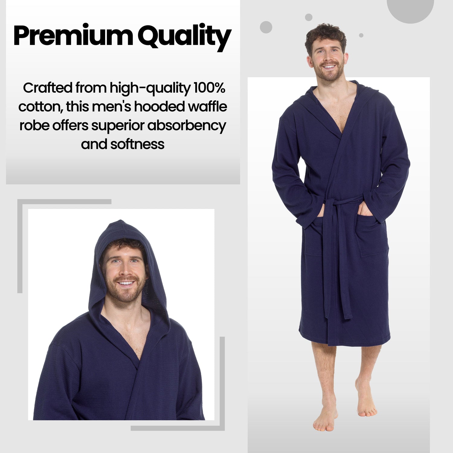 Men’s Hooded Waffle Cotton Bathrobe Navy Super Absorbent Spa Robe Luxury Dressing Gown for Home &amp; Loungewear by Sock Stack