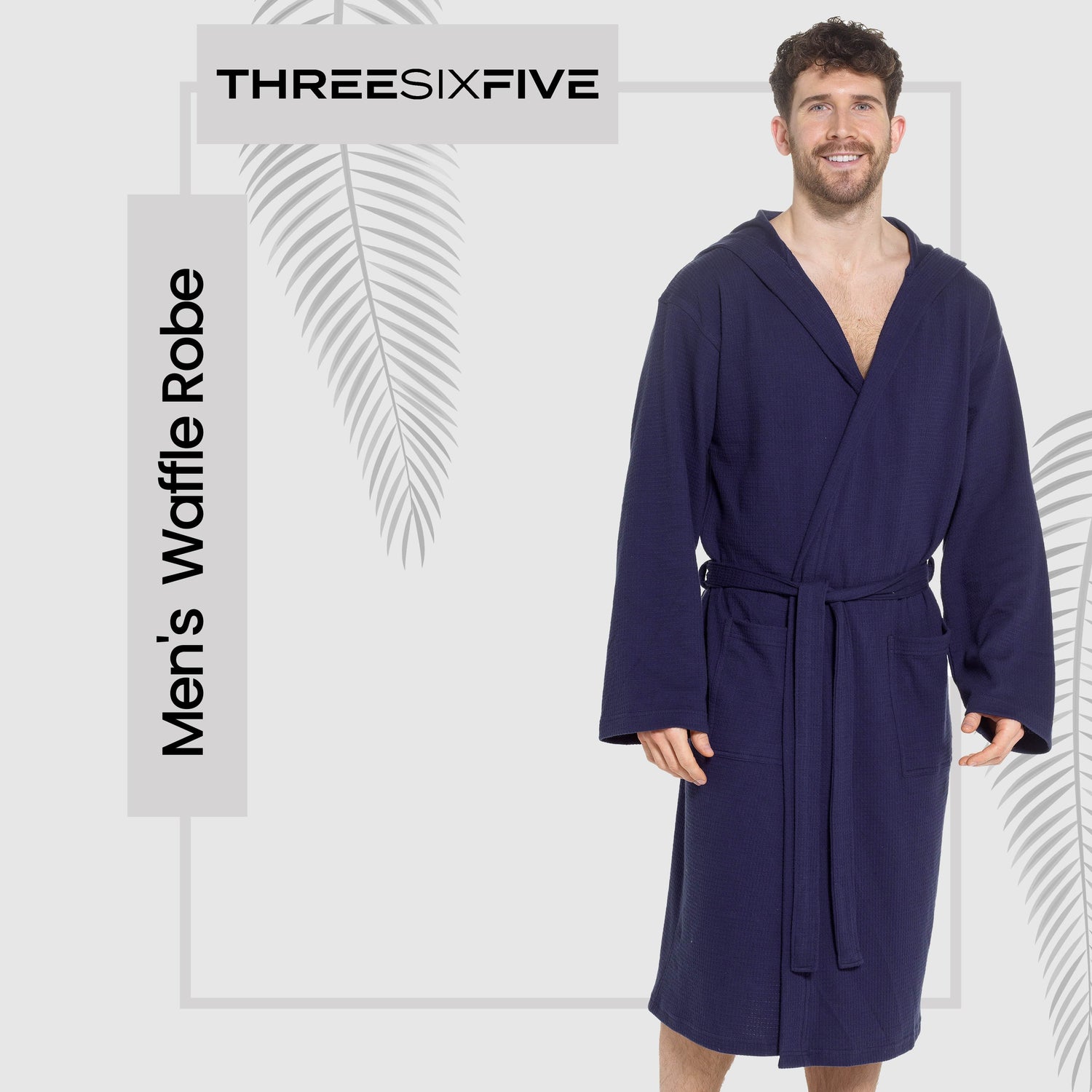 Men’s Hooded Waffle Cotton Bathrobe Navy Super Absorbent Spa Robe Luxury Dressing Gown for Home &amp; Loungewear by Sock Stack