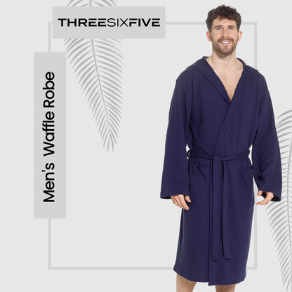 Men’s Hooded Waffle Cotton Bathrobe Navy Super Absorbent Spa Robe Luxury Dressing Gown for Home &amp; Loungewear by Sock Stack