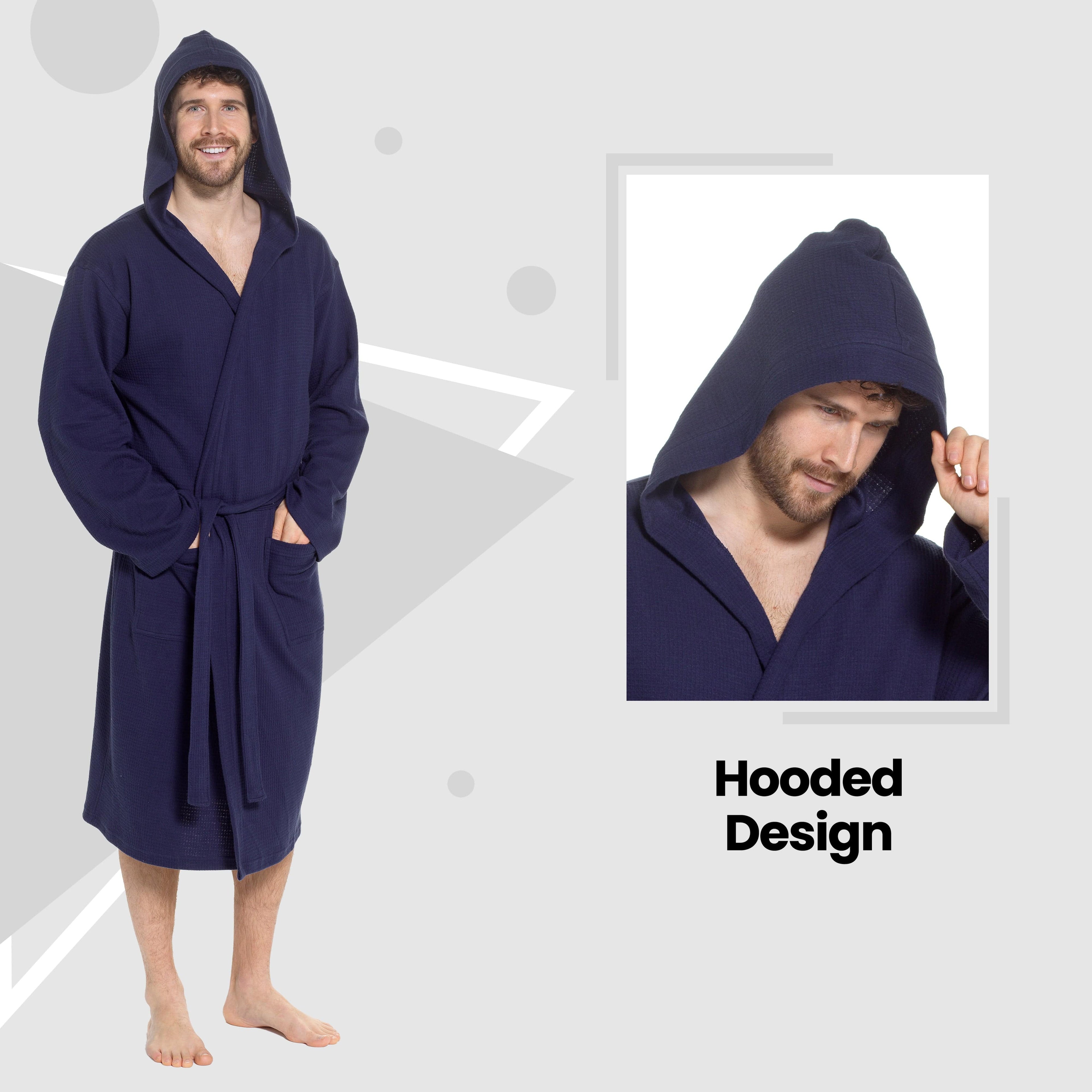 Men’s Hooded Waffle Cotton Bathrobe Navy Super Absorbent Spa Robe Luxury Dressing Gown for Home &amp; Loungewear by Sock Stack
