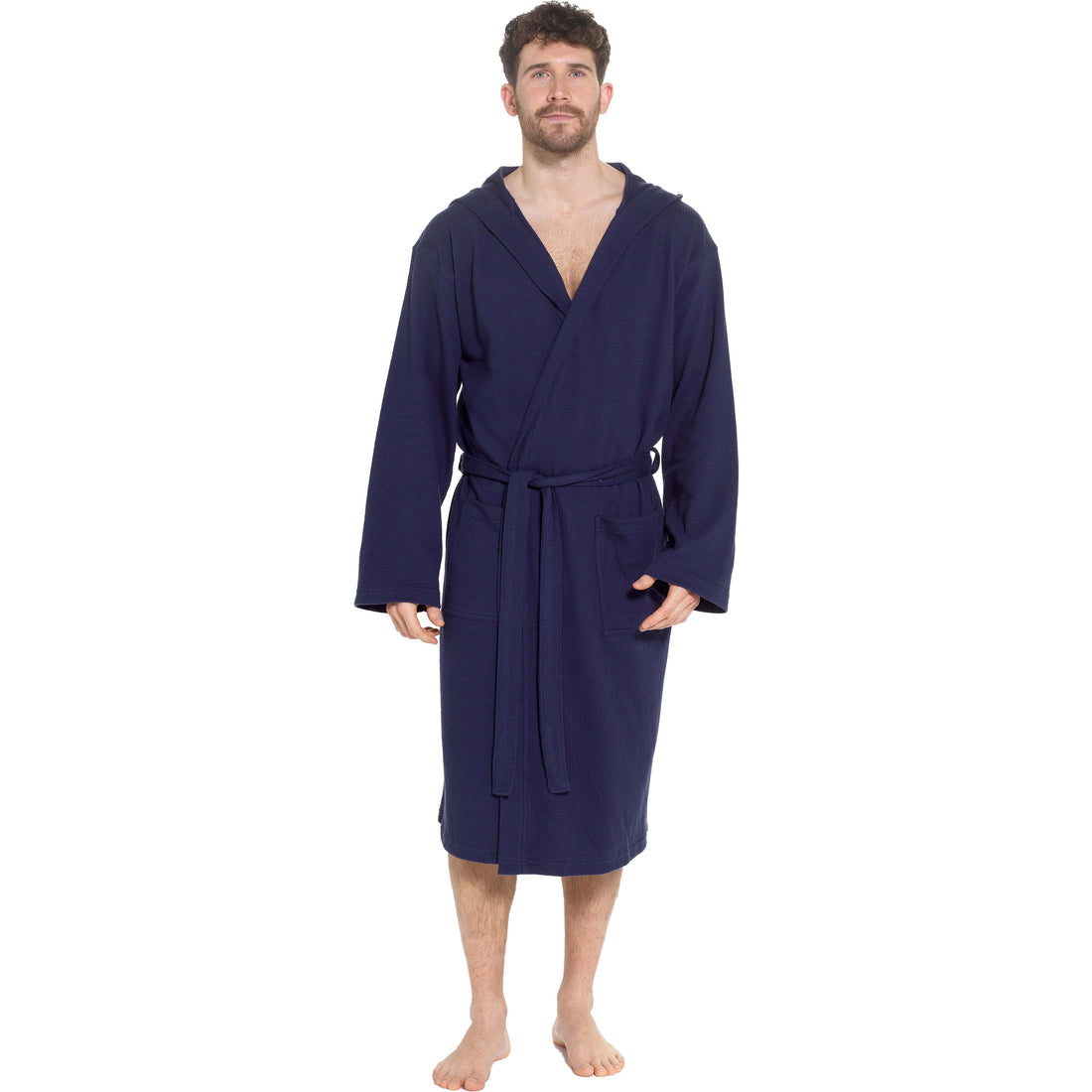 Men’s Hooded Waffle Cotton Bathrobe Navy Super Absorbent Spa Robe Luxury Dressing Gown for Home &amp; Loungewear by Sock Stack