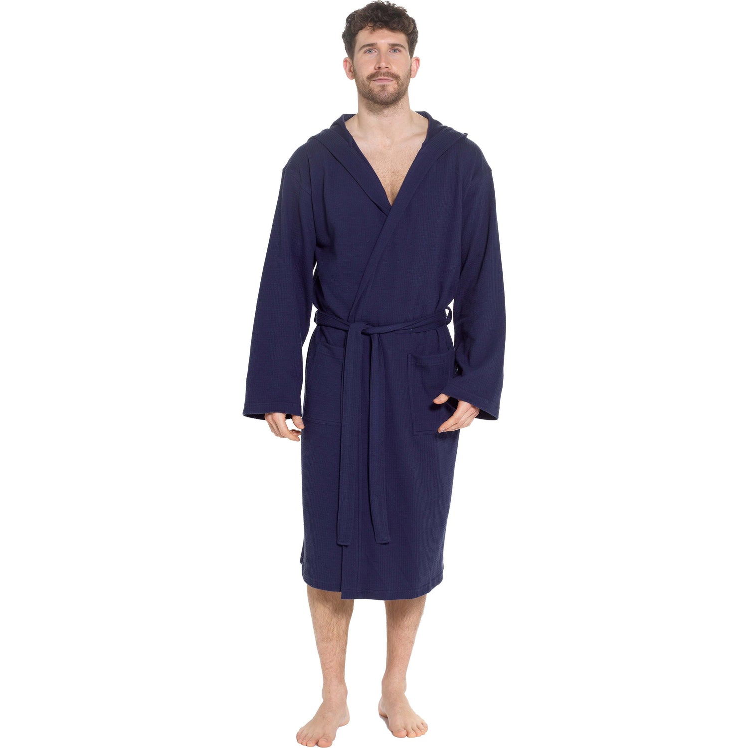 Men’s Hooded Waffle Cotton Bathrobe Navy Super Absorbent Spa Robe Luxury Dressing Gown for Home &amp; Loungewear by Sock Stack
