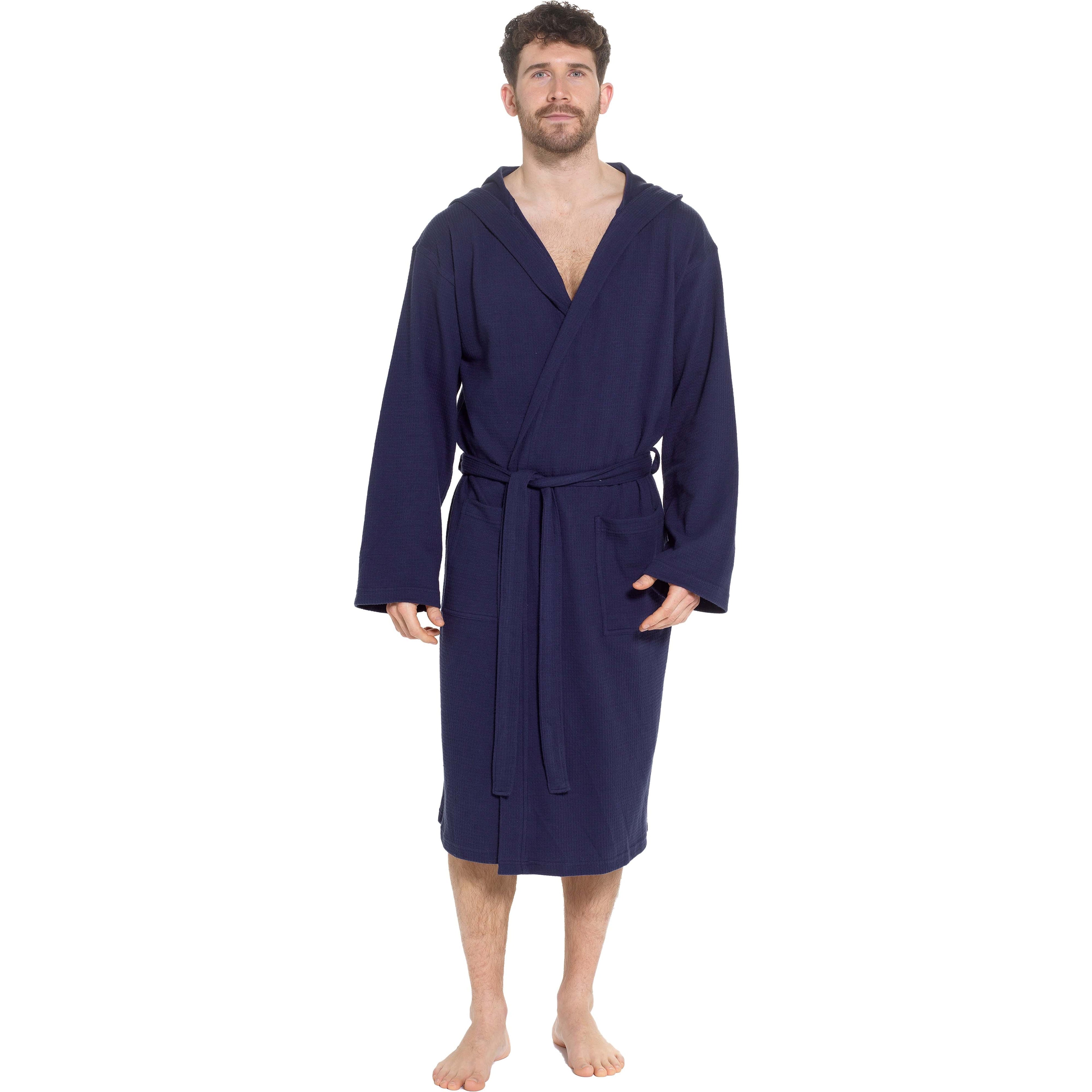 Men’s Hooded Waffle Cotton Bathrobe Navy Super Absorbent Spa Robe Luxury Dressing Gown for Home &amp; Loungewear by Sock Stack