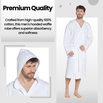 Men’s Hooded Waffle Cotton Bathrobe White Super Absorbent Spa Robe Luxury Dressing Gown for Home &amp; Loungewear by Sock Stack