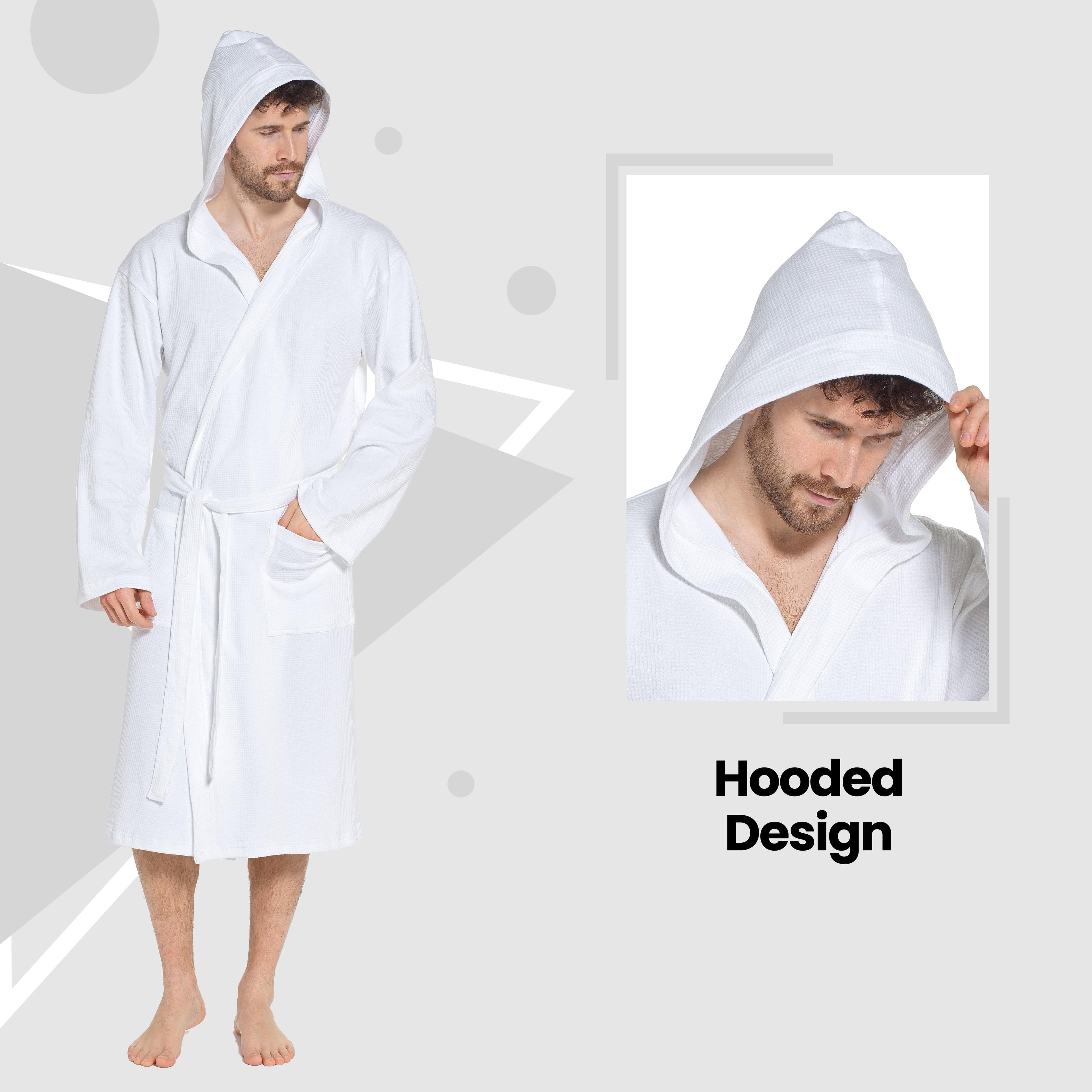 Men’s Hooded Waffle Cotton Bathrobe White Super Absorbent Spa Robe Luxury Dressing Gown for Home &amp; Loungewear by Sock Stack
