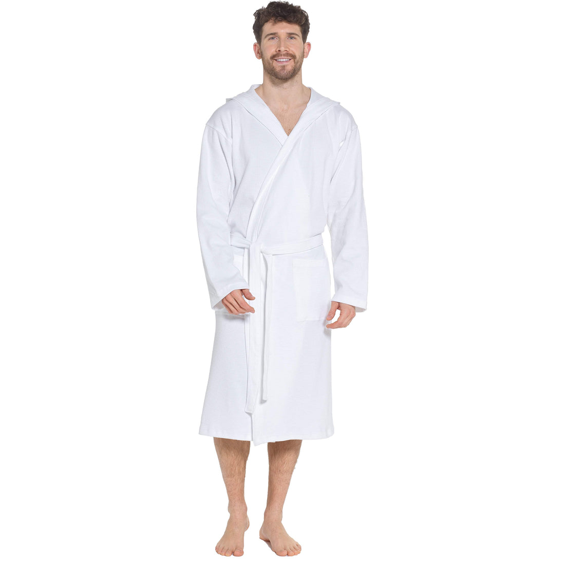 Men’s Hooded Waffle Cotton Bathrobe White Super Absorbent Spa Robe Luxury Dressing Gown for Home & Loungewear by Sock Stack