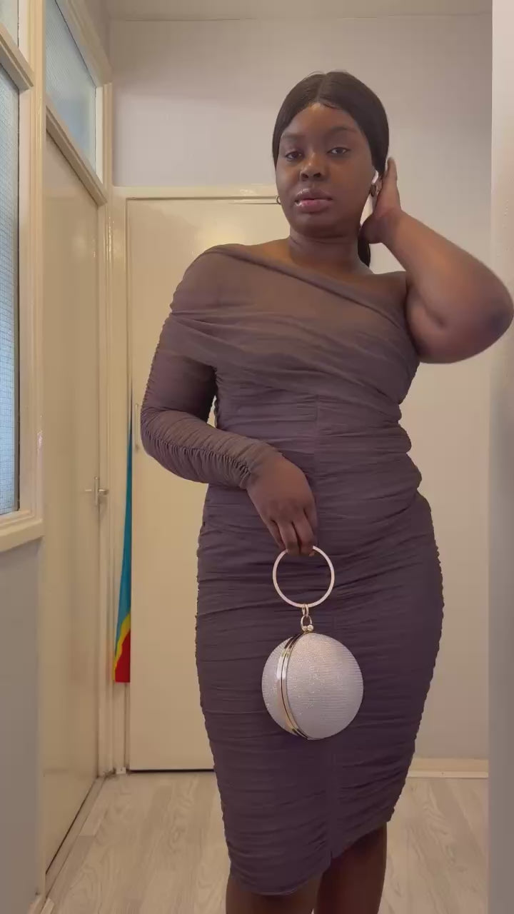 Ruched mesh midi dress, one shoulder