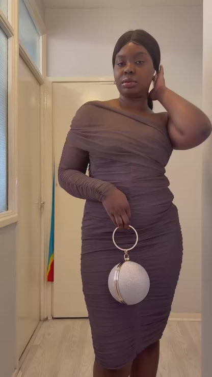 Ruched mesh midi dress, one shoulder