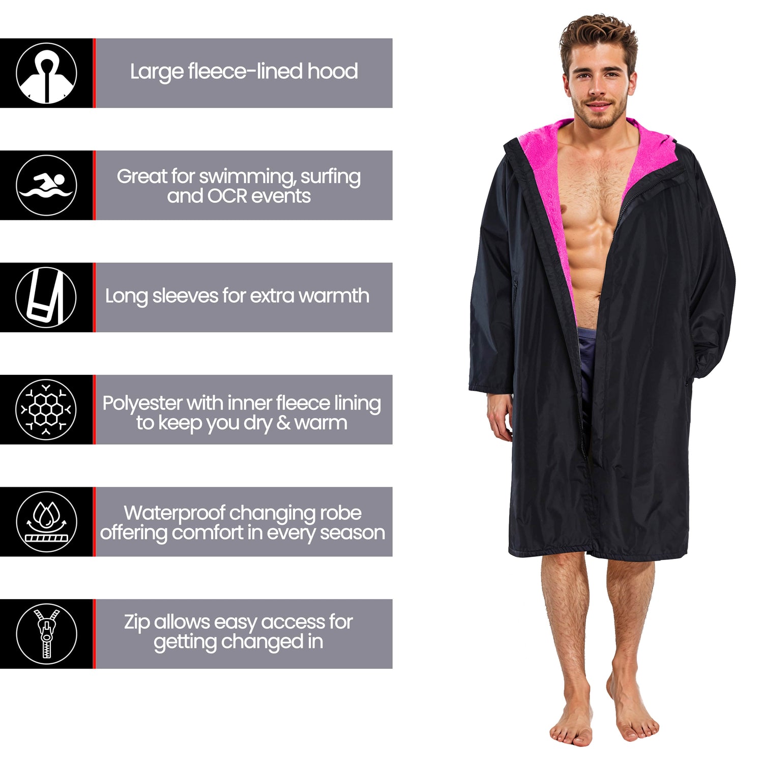 Unisex Adults Black/Pink Waterproof Windproof Changing Robe Hooded Outdoor Coat for Beach Swimming Surfing Warm Fleece Lining by Heatwave Thermalwear