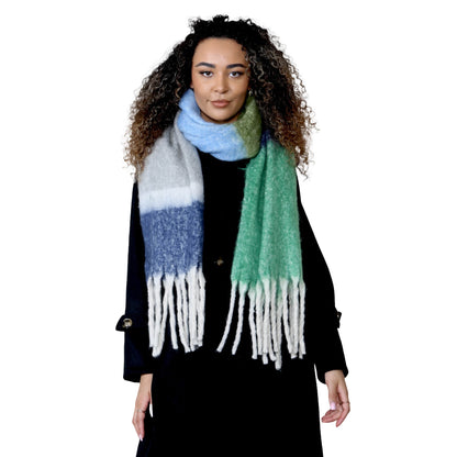 Women’s Green Blue Chunky Knit Bright Plaid Blanket Scarf Long Winter Wrap Warm Striped Shawl with Tassels Gift for Ladies by Daisy Dreamer