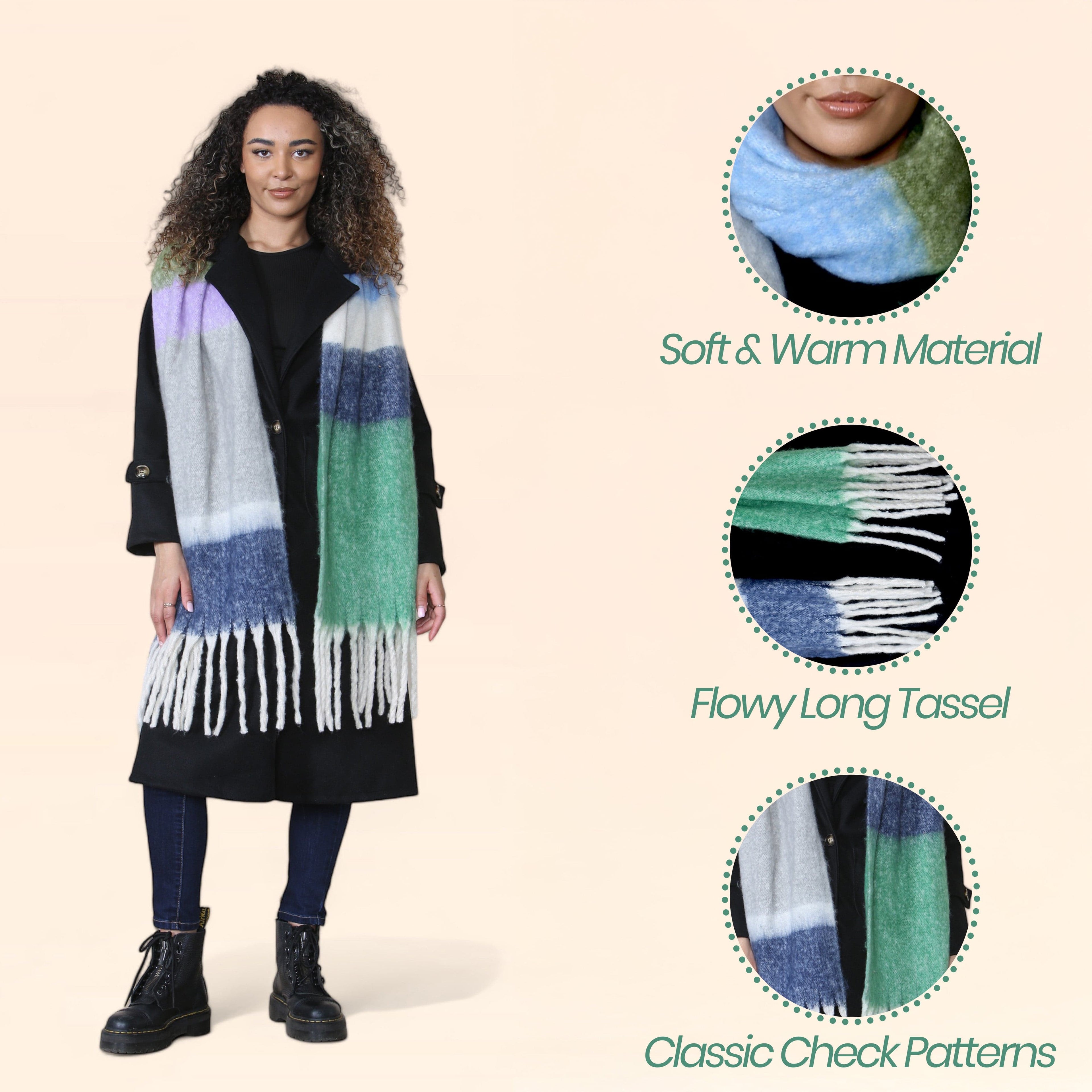 Women’s Green Blue Chunky Knit Bright Plaid Blanket Scarf Long Winter Wrap Warm Striped Shawl with Tassels Gift for Ladies by Daisy Dreamer