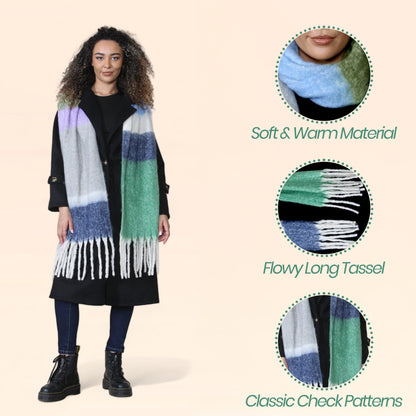 Women’s Green Blue Chunky Knit Bright Plaid Blanket Scarf Long Winter Wrap Warm Striped Shawl with Tassels Gift for Ladies by Daisy Dreamer